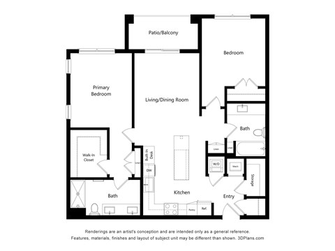A floor plan of a house with a living room, two bedrooms, a bathroom, a kitchen, and an entry.